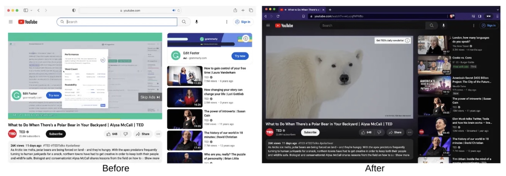 YouTube on Brave vs. another browser