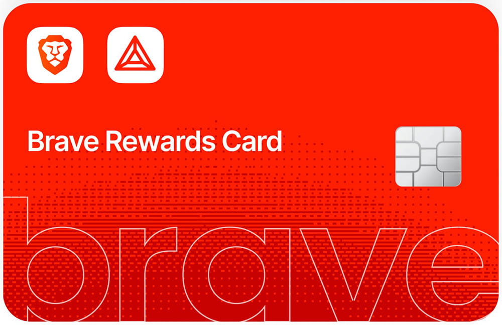 A physical payment card with the text "Brave Rewards Card" on the face.