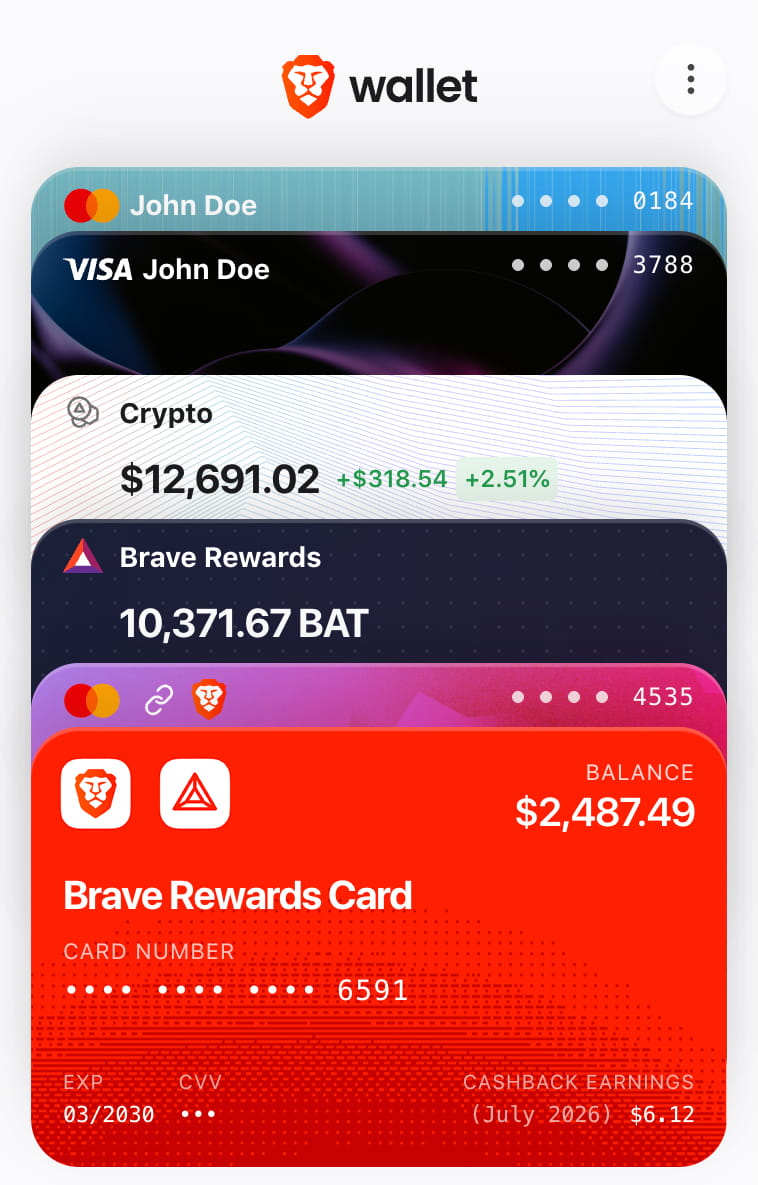 The new Brave Wallet interface showing a stack of payment methods, including Mastercard and Visa cards, a Crypto balance, a Brave Rewards BAT balance, and the Brave Rewards Card.