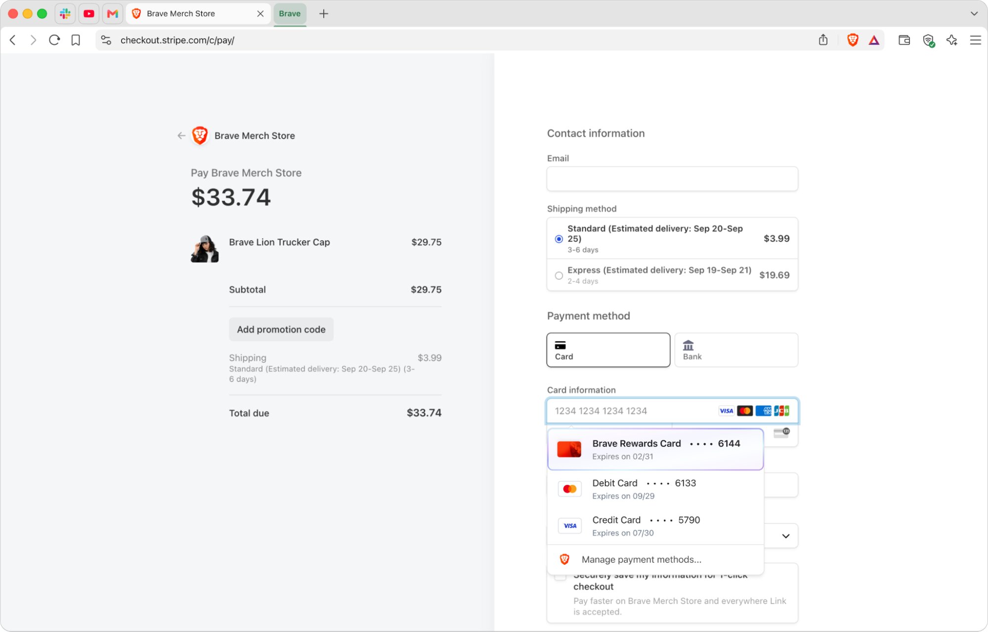 A browser checkout page with a payment method dropdown showing the Brave Rewards Card selected alongside a saved debit card and credit card.