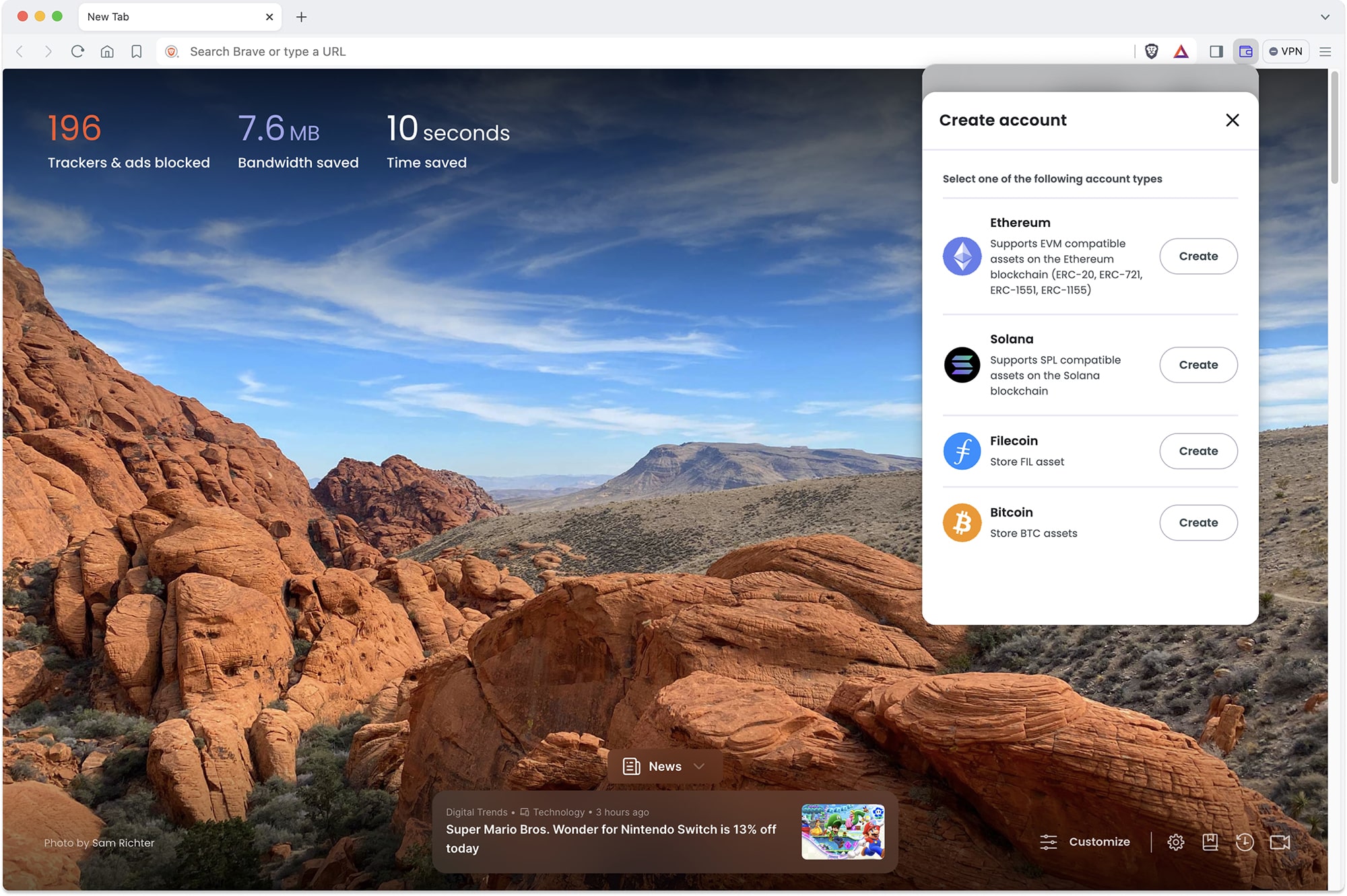 Brave Walletユーザーが新しいウォレットを作成。Bitcoinがサポートアカウントタイプとして表示されている。