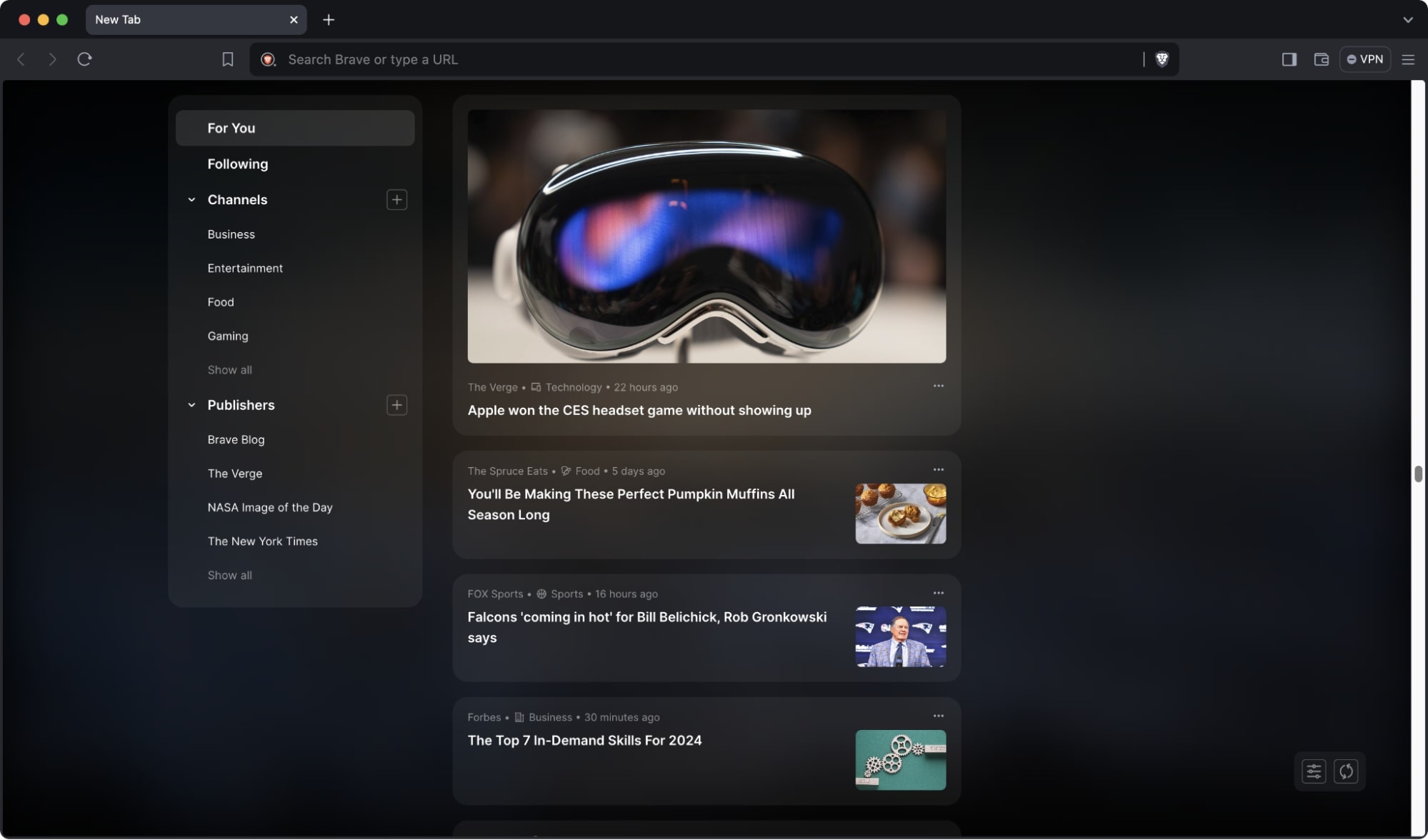 Redesigned Brave News feed page