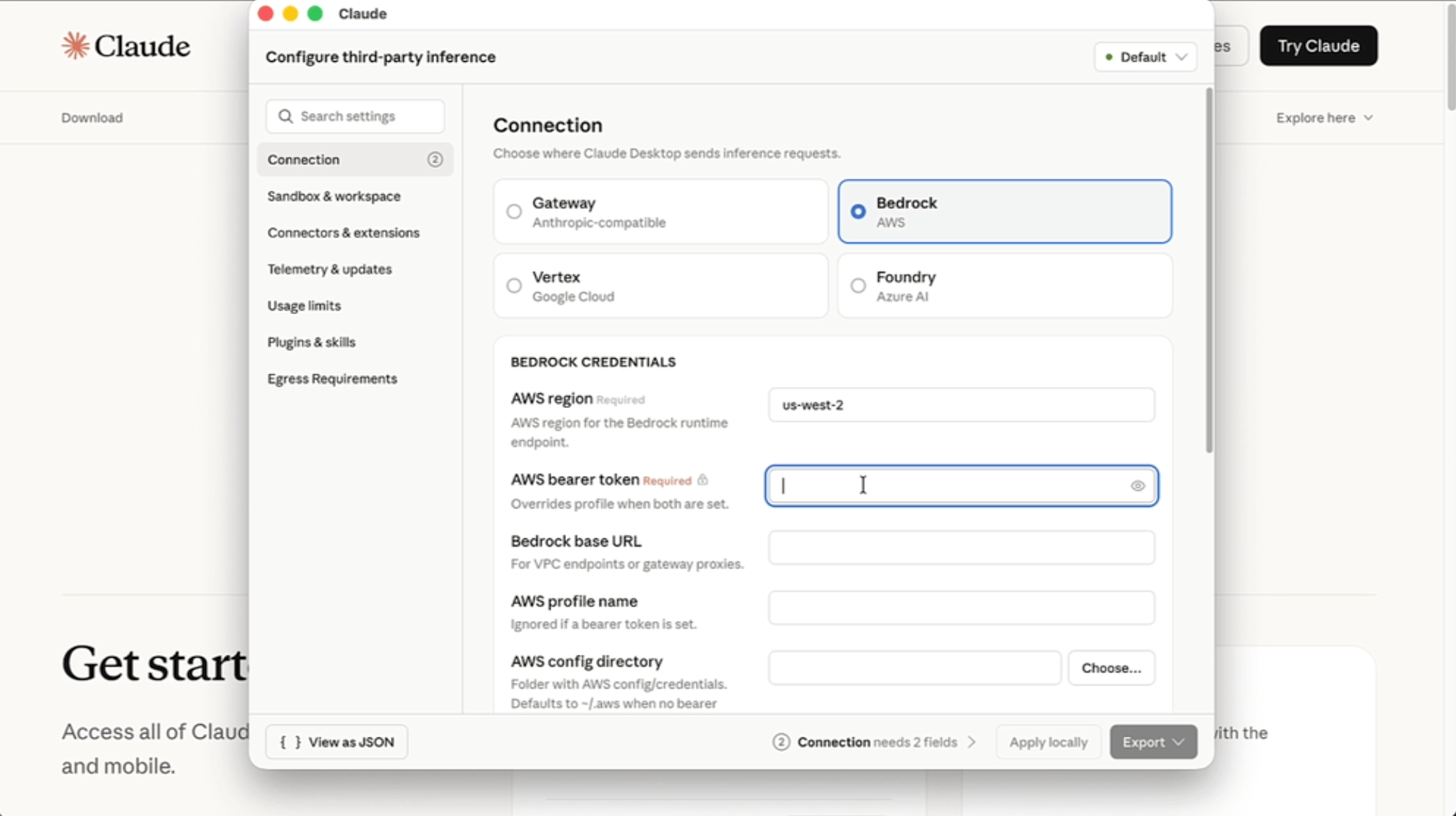 Screenshot of third-party inference page with Amazon Bedrock selected