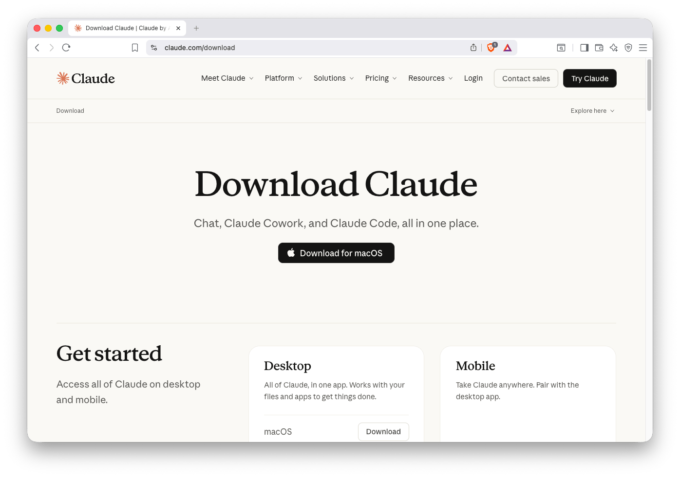 Screenshot of the Claude Desktop download page at claude.com/download