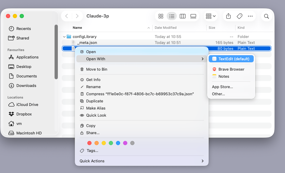 Screenshot of a Finder window showing claude_desktop_config.json