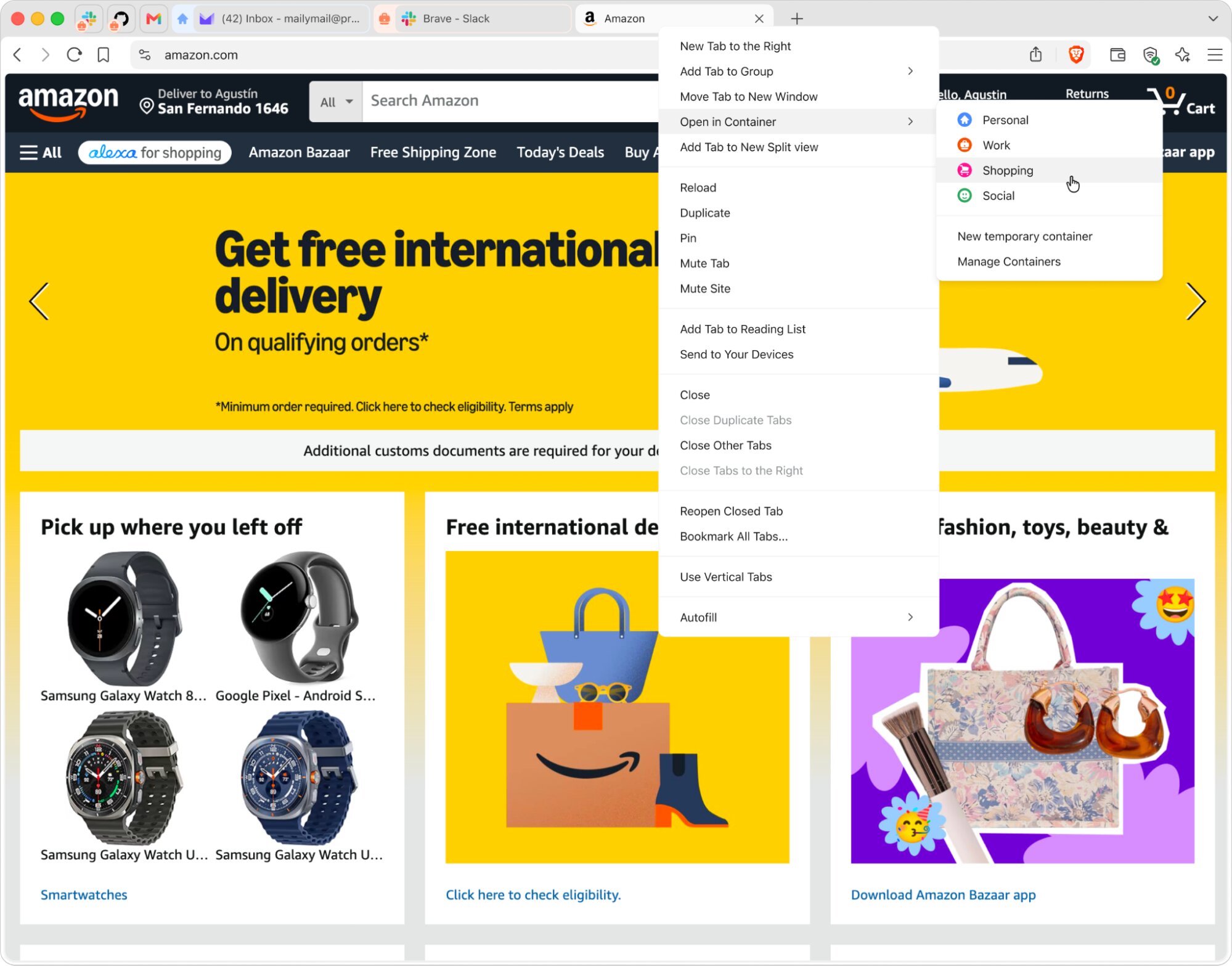 Amazonタブの右クリックメニュー。「コンテナで開く」が展開され、Personal、Work、Shopping、Socialのコンテナが表示されている。