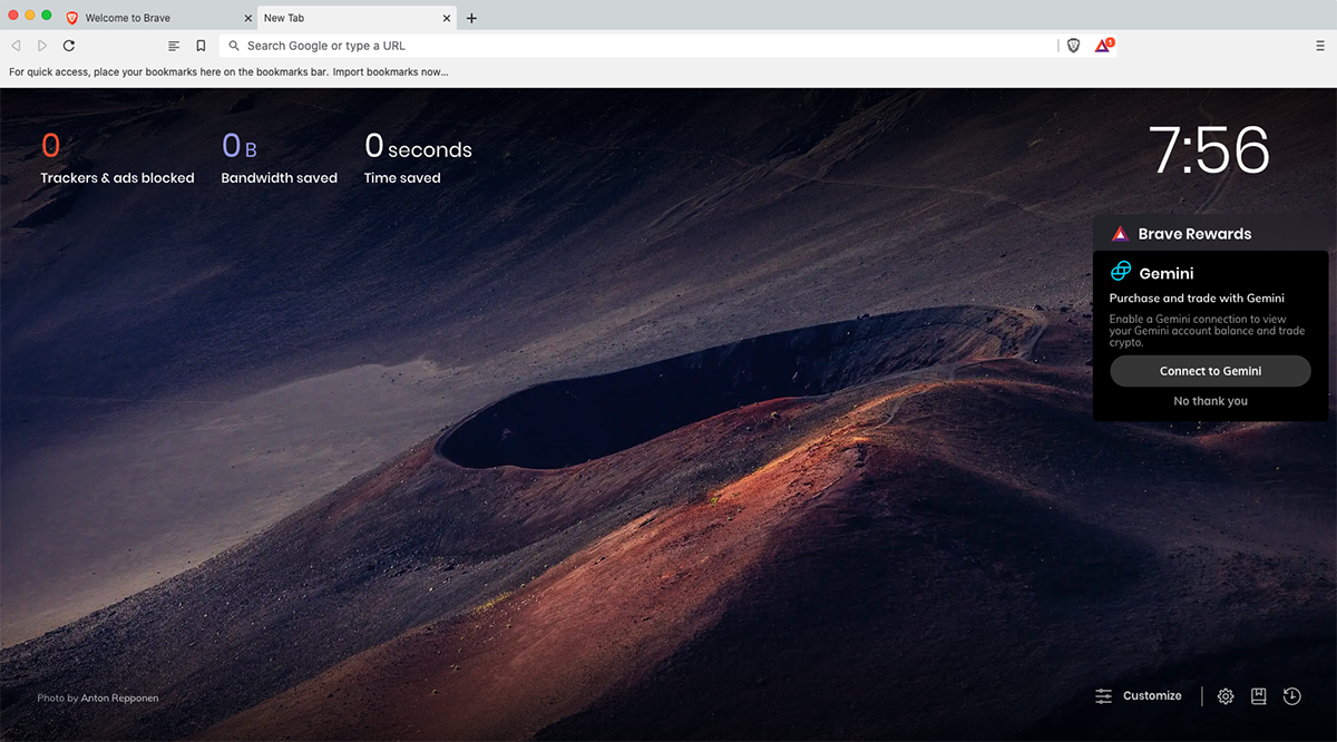 The Gemini Trading Widget is integrated in the Brave browser New Tab page.