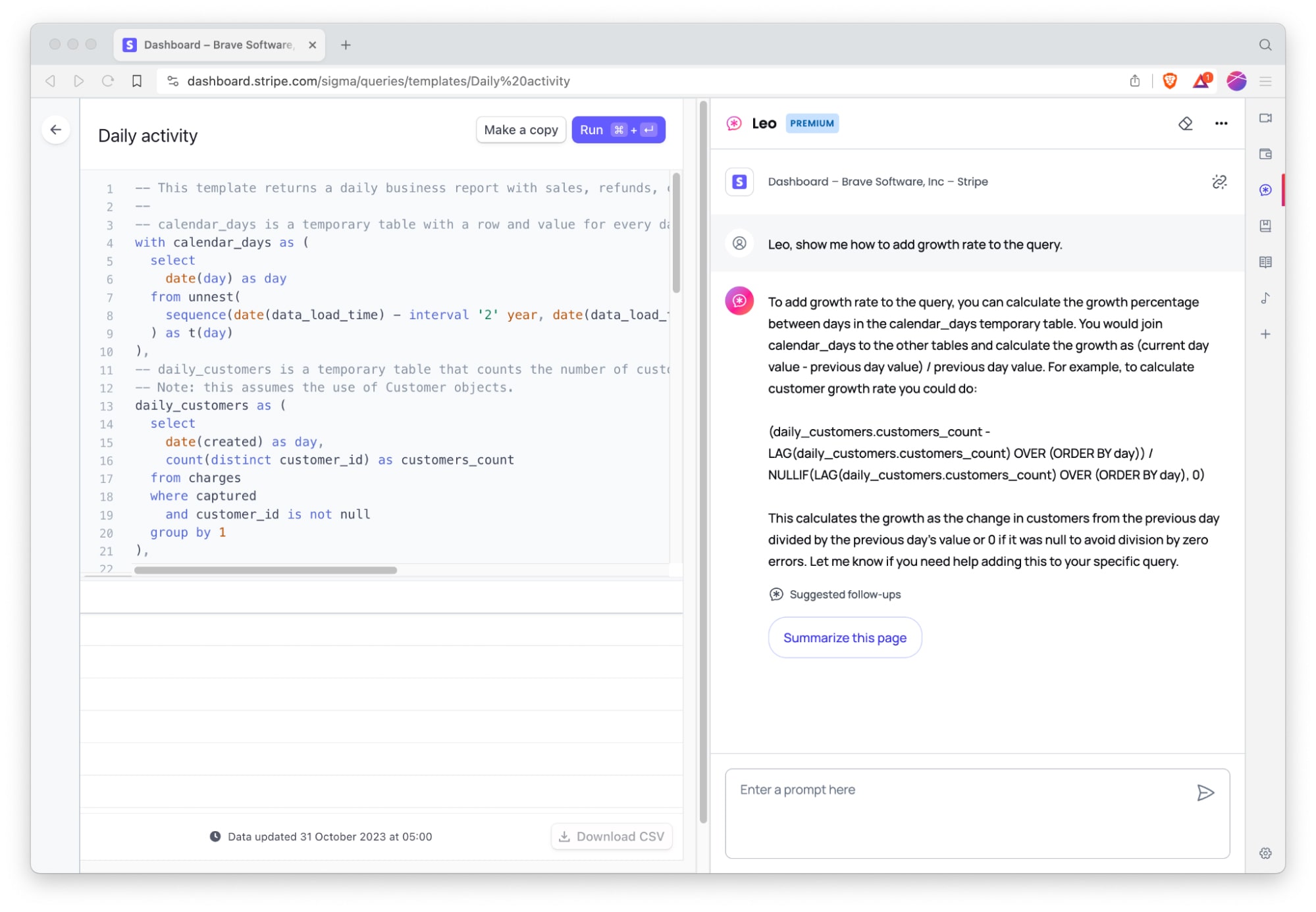 A screenshot of Brave Leo assisting an engineer with writing a database query