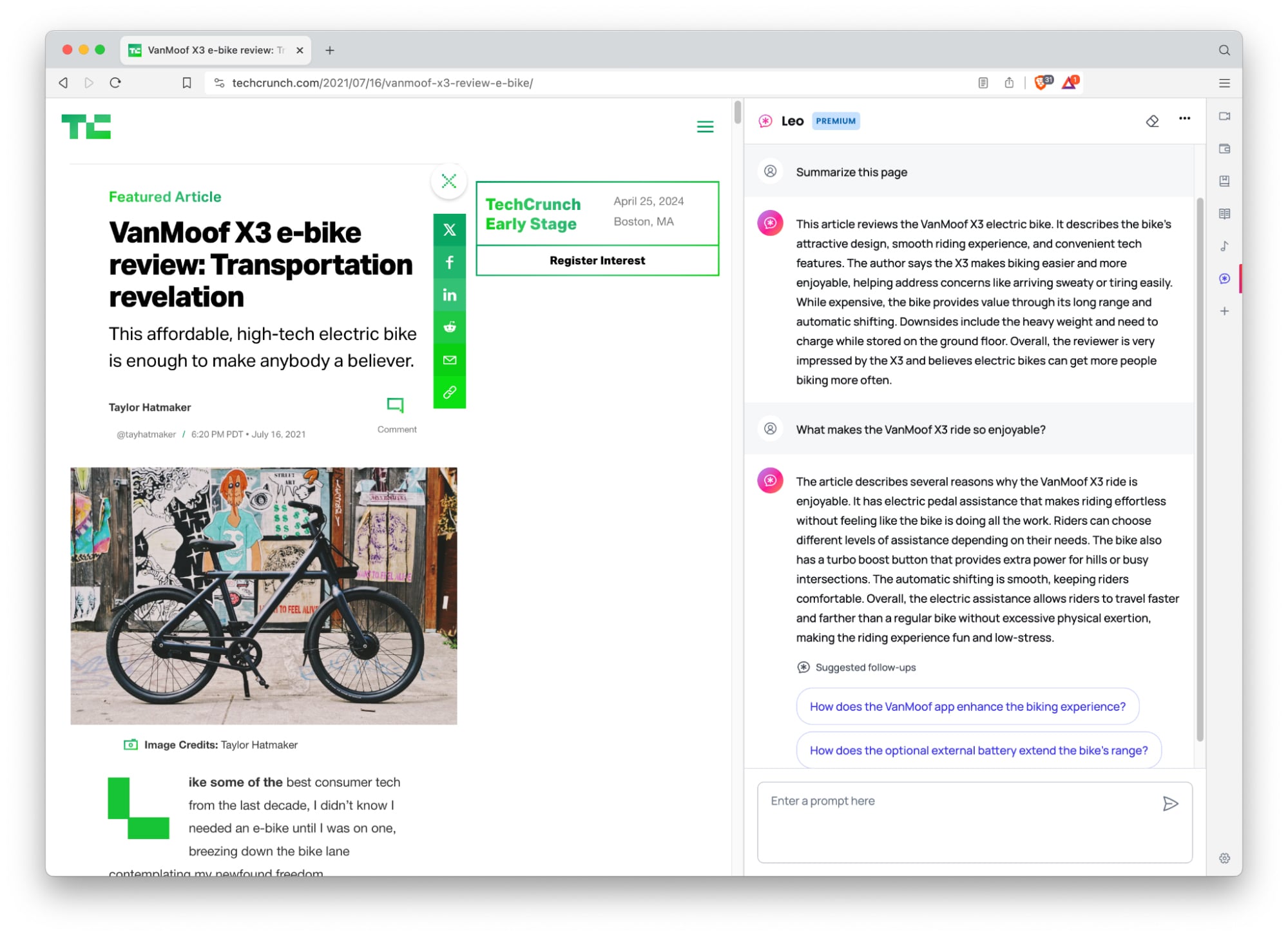 A screenshot of Brave Leo summarizing an article, and answering follow-up questions