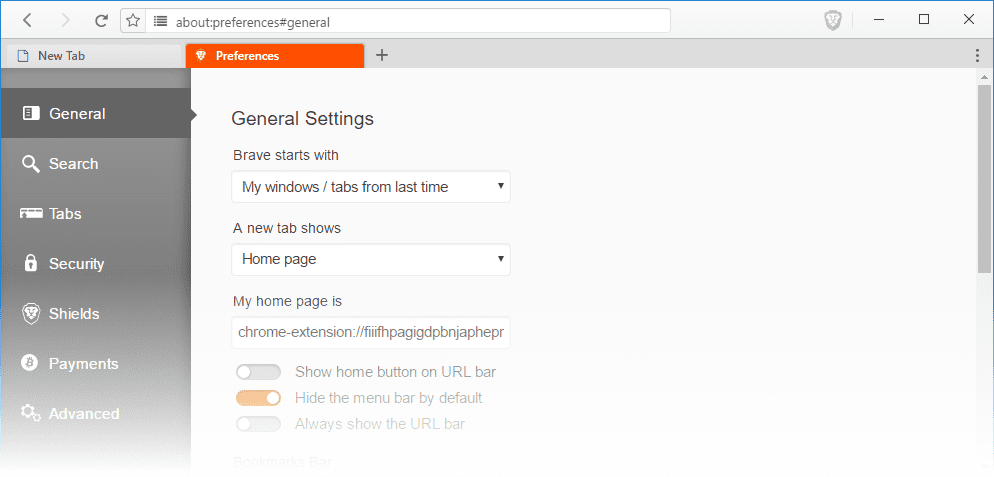 Setting your homepage in Brave
