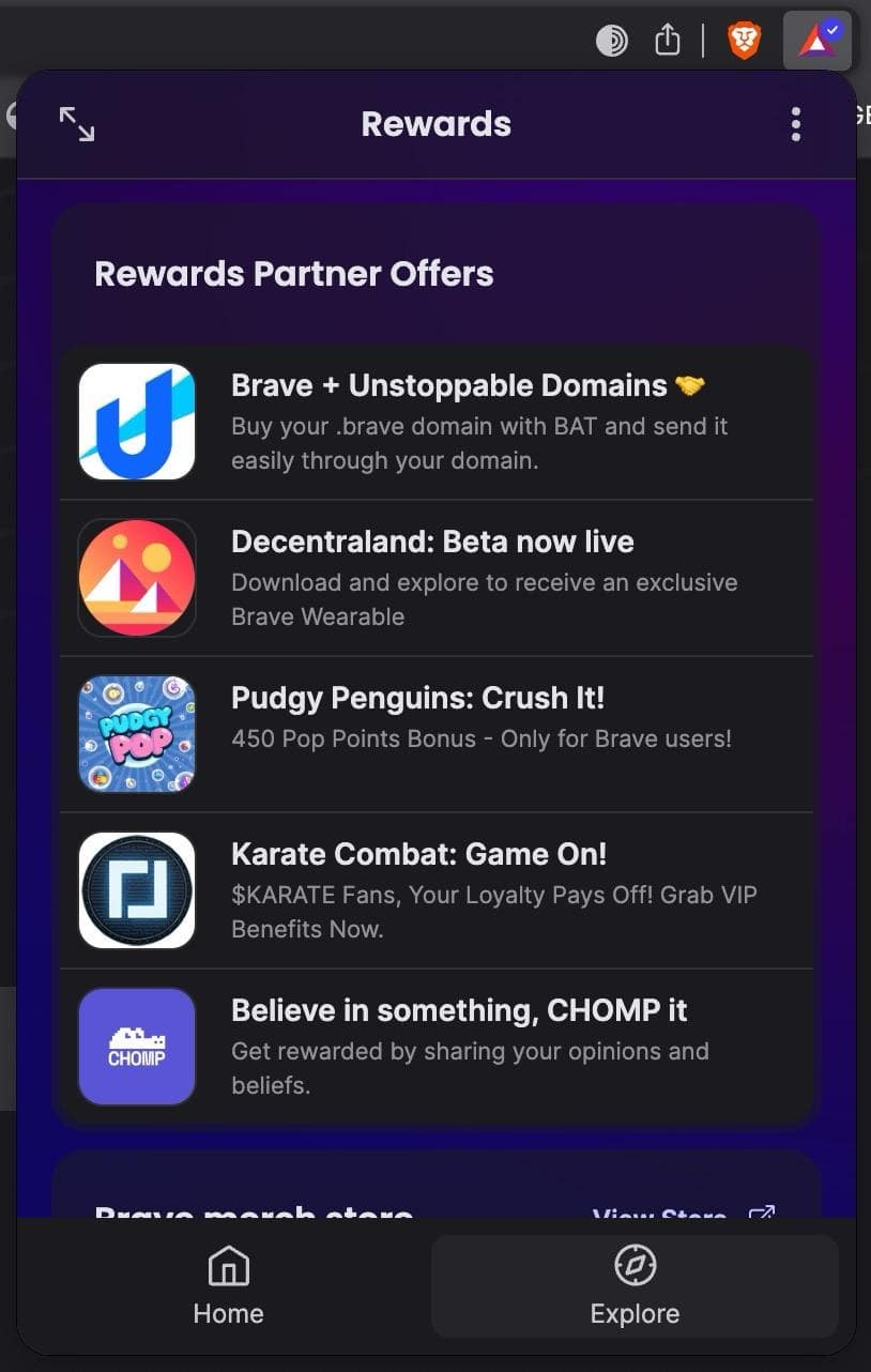 Brave Rewardsオファーウォールのスクリーンショット