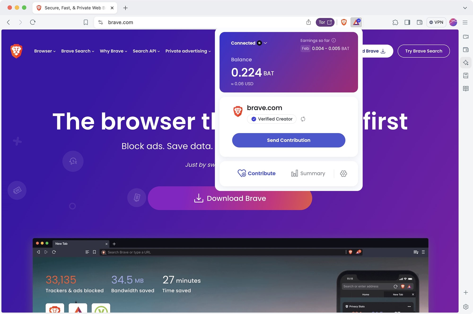 Solanaアドレスが接続されたBrave Rewards