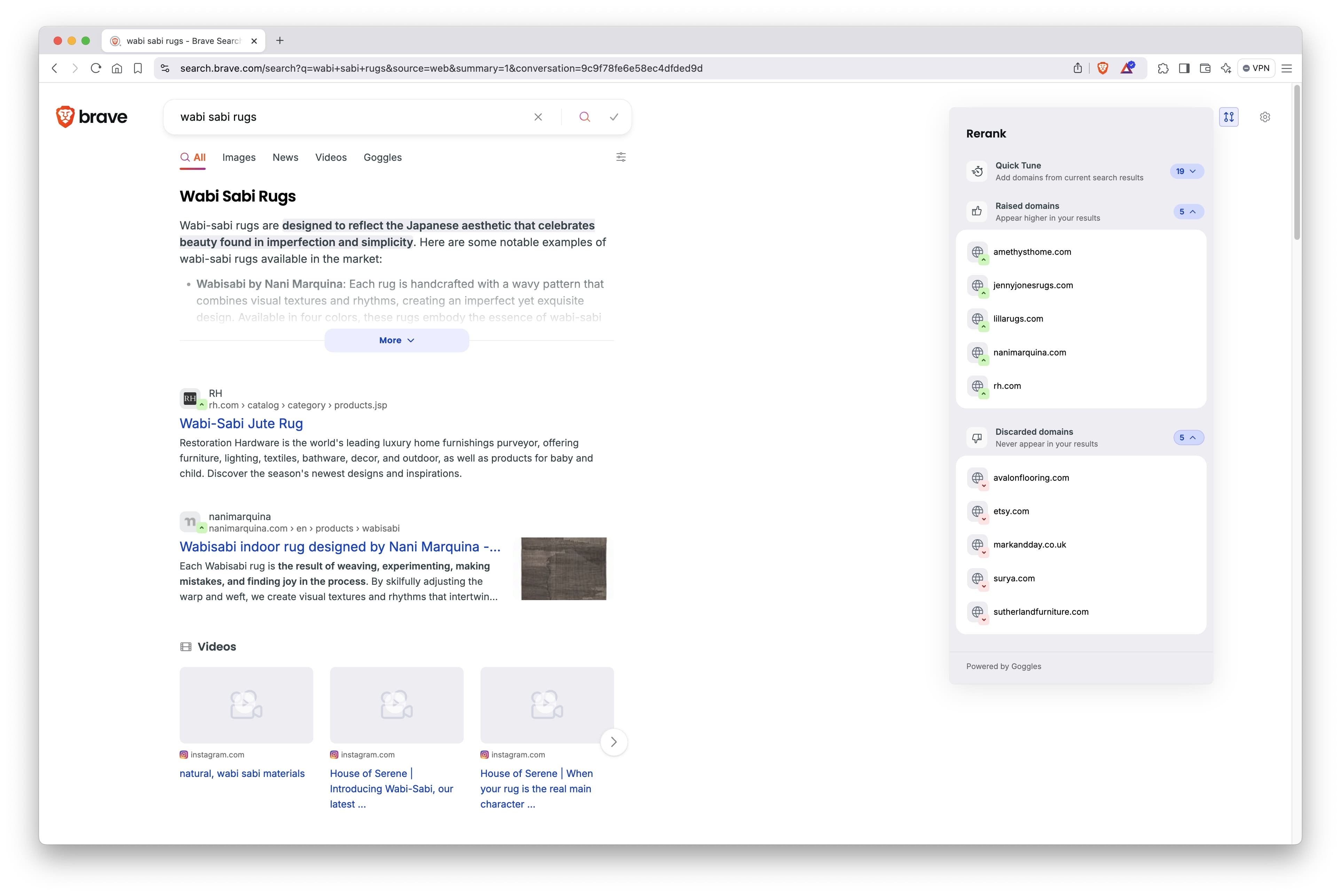 Rerank panel opened showing 'Raised' and 'Discarded' domains