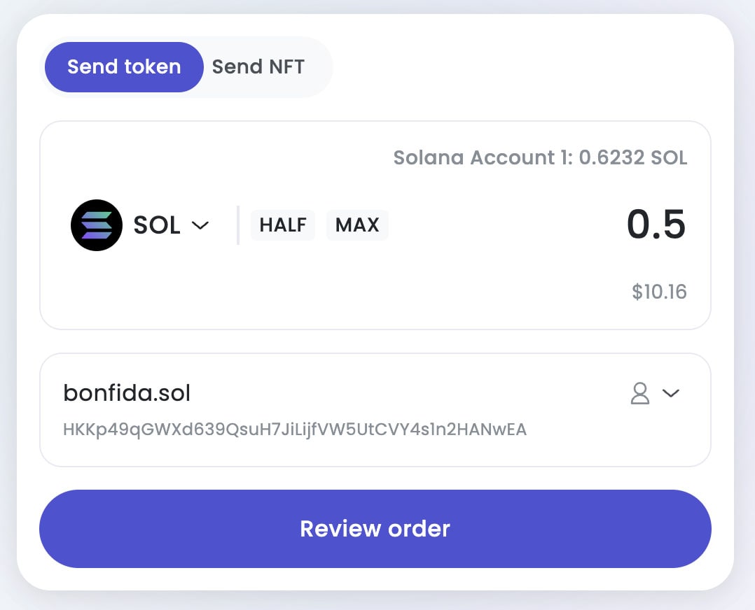 SNSでクリプトを送るには、送金したい相手や組織の.solアドレスを入力するだけです。