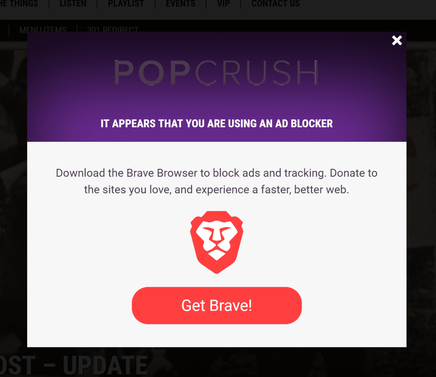 Example of the overlay that ad blocking users will view on PopCrush.com