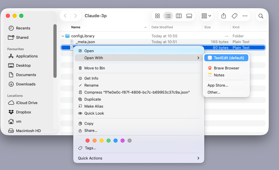 Screenshot of a Finder window showing claude_desktop_config.json