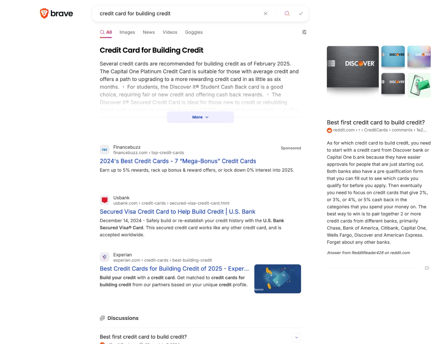 A screenshot of Brave Search with a privacy-preserving sponsored ad result