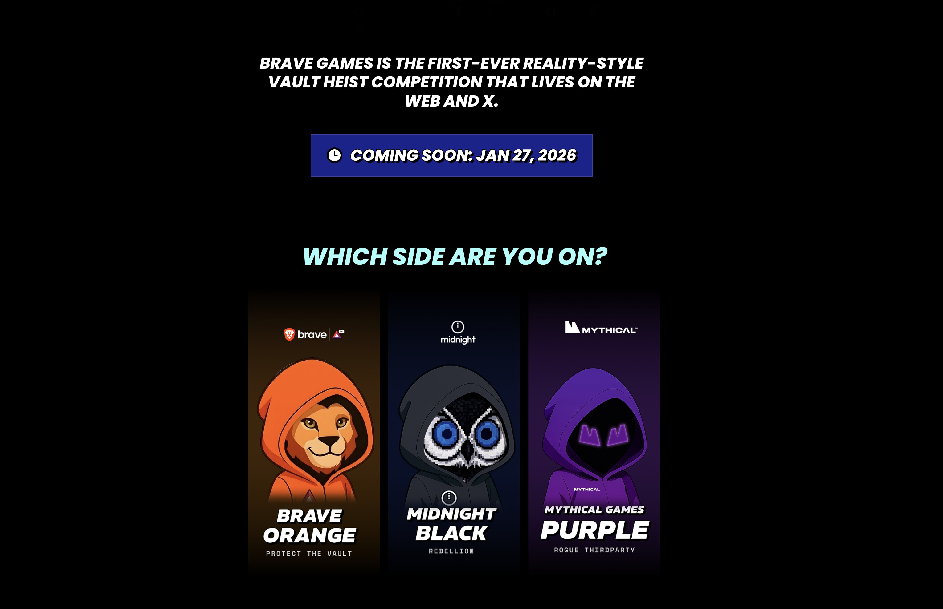 Brave Games advertisement showing 3 characters: Brave (Orange), Midnight (Black), and Mythical Games (Purple)