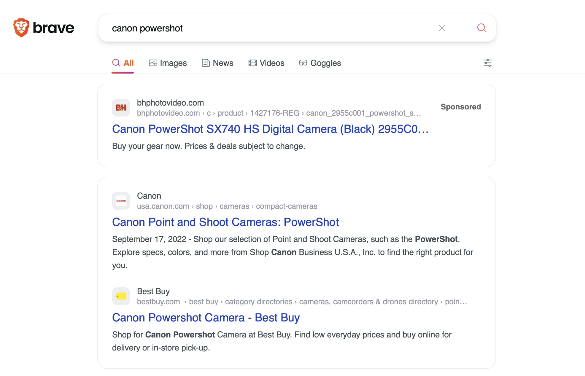 An example of an ad on Brave Search