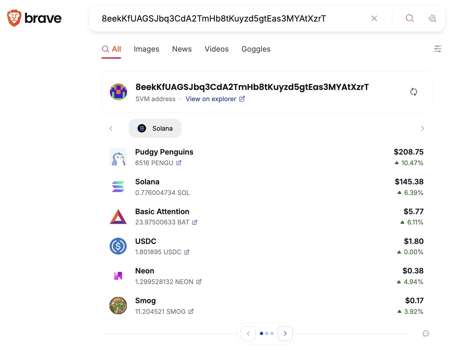 Brave Search results showing Token balances of a canonical Solana account