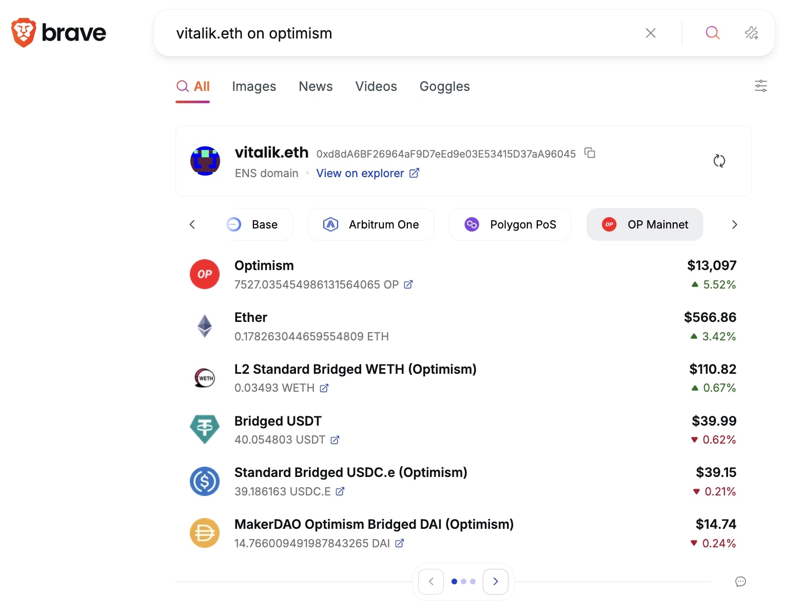 Brave Search results showing Token balances of vitalik.eth ENS domain on OP Mainnet