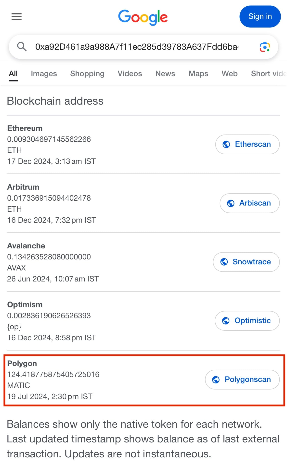 Outdated EVM address balances on Google