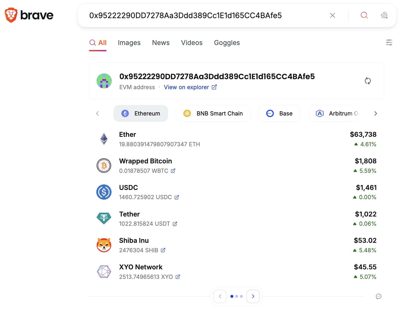Brave Search results showing Token balances of a canonical EVM address on Ethereum