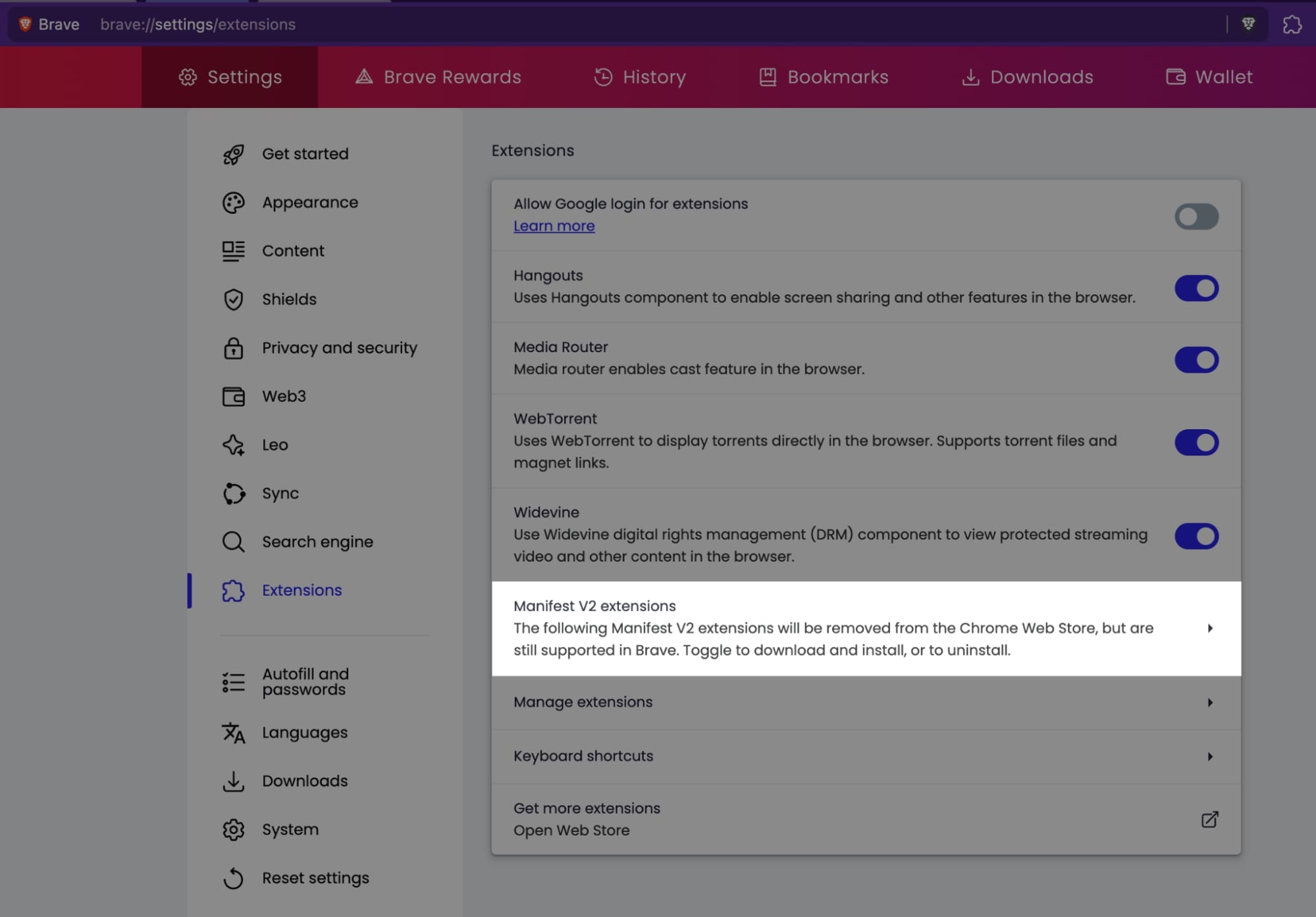 Preview of MV2 Extension in Brave Settings
