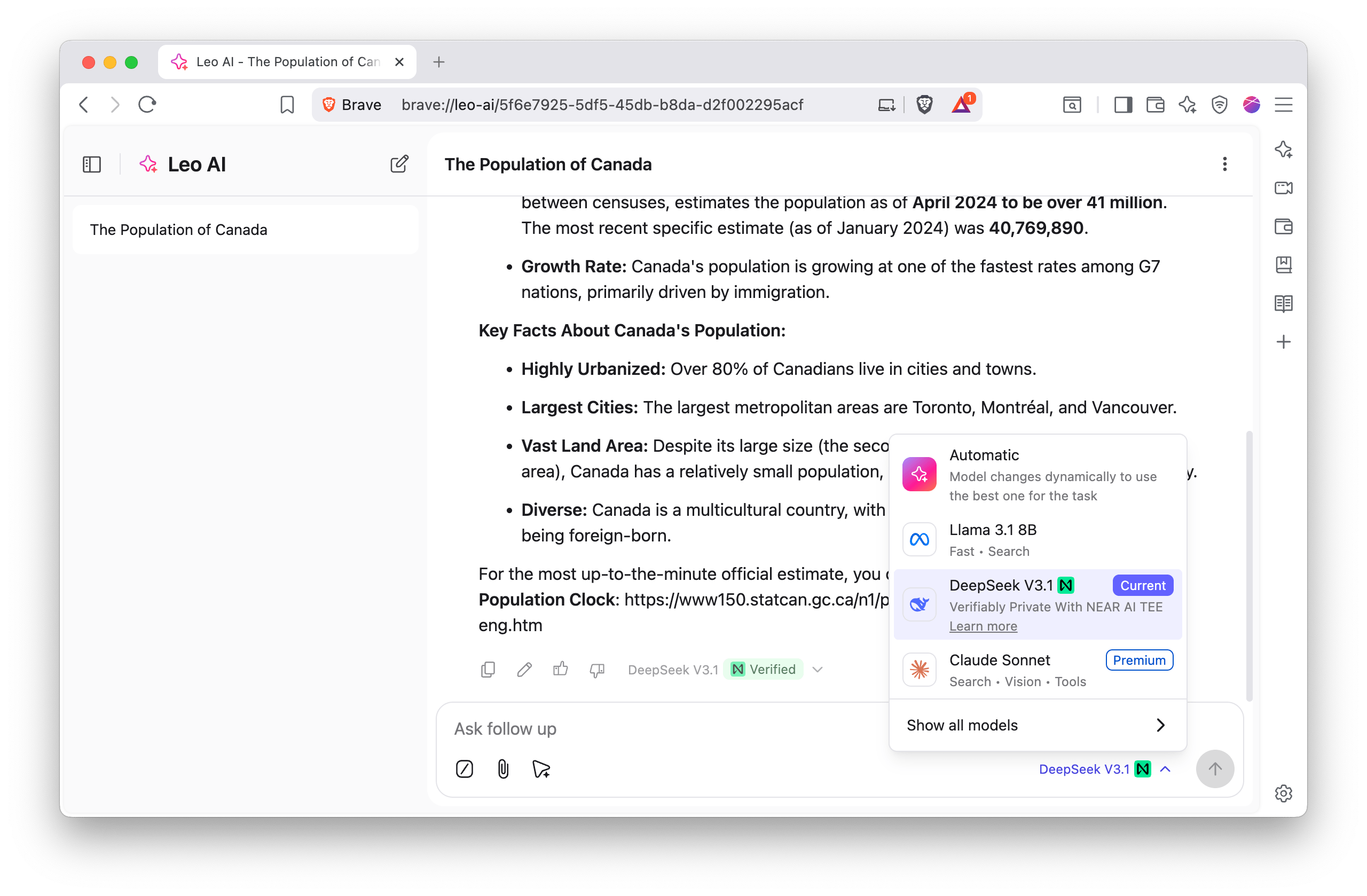 Full-window Leo chat showing NEAR AI TEE option in expanded menu