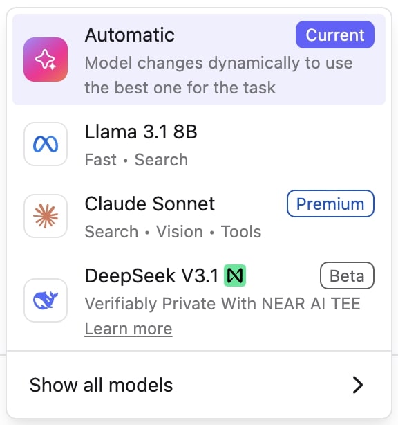 Model selection menu in Leo showing NEAR AI TEE option