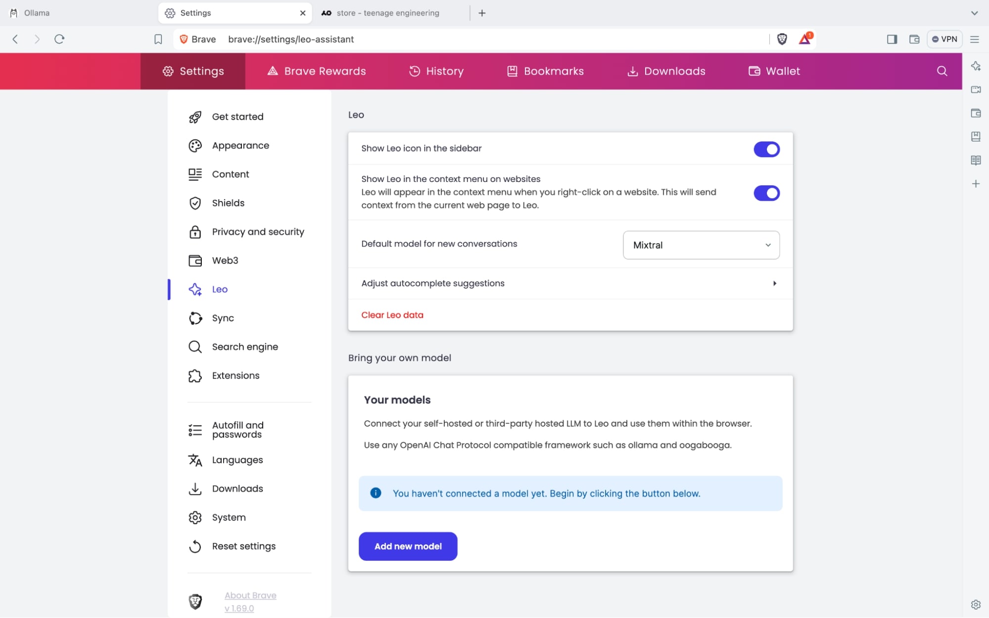 Configuring Ollama model access in Brave