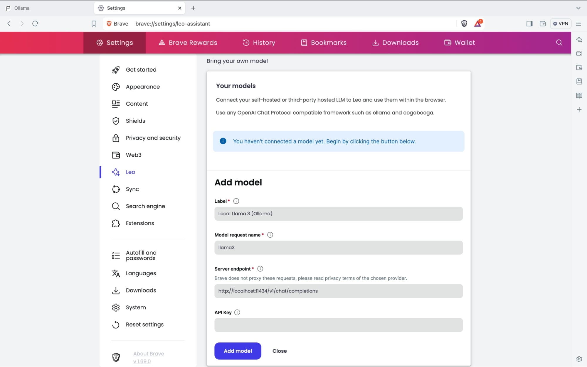 Configuring Ollama model access in Brave
