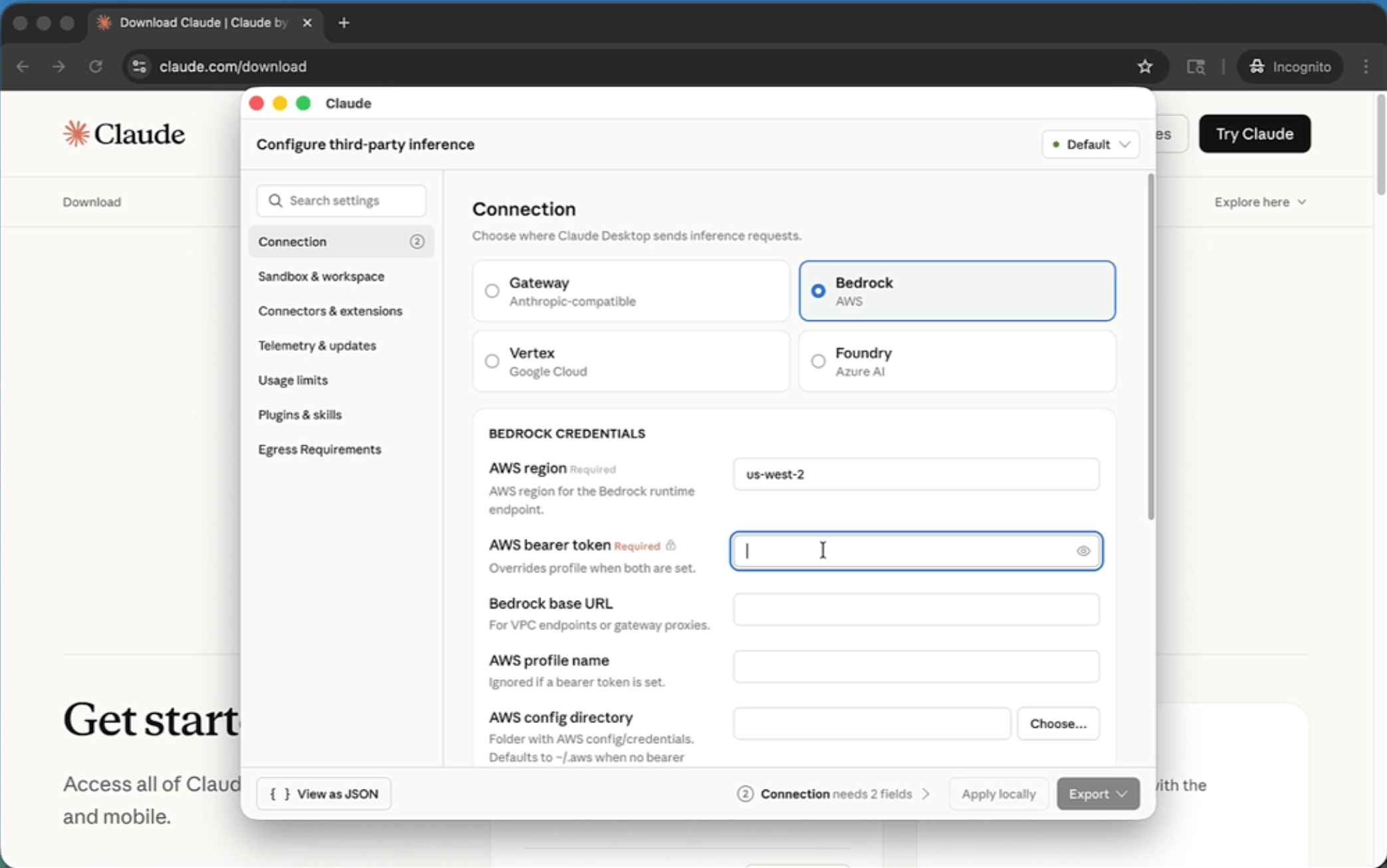 Screenshot of third-party inference page with Amazon Bedrock selected
