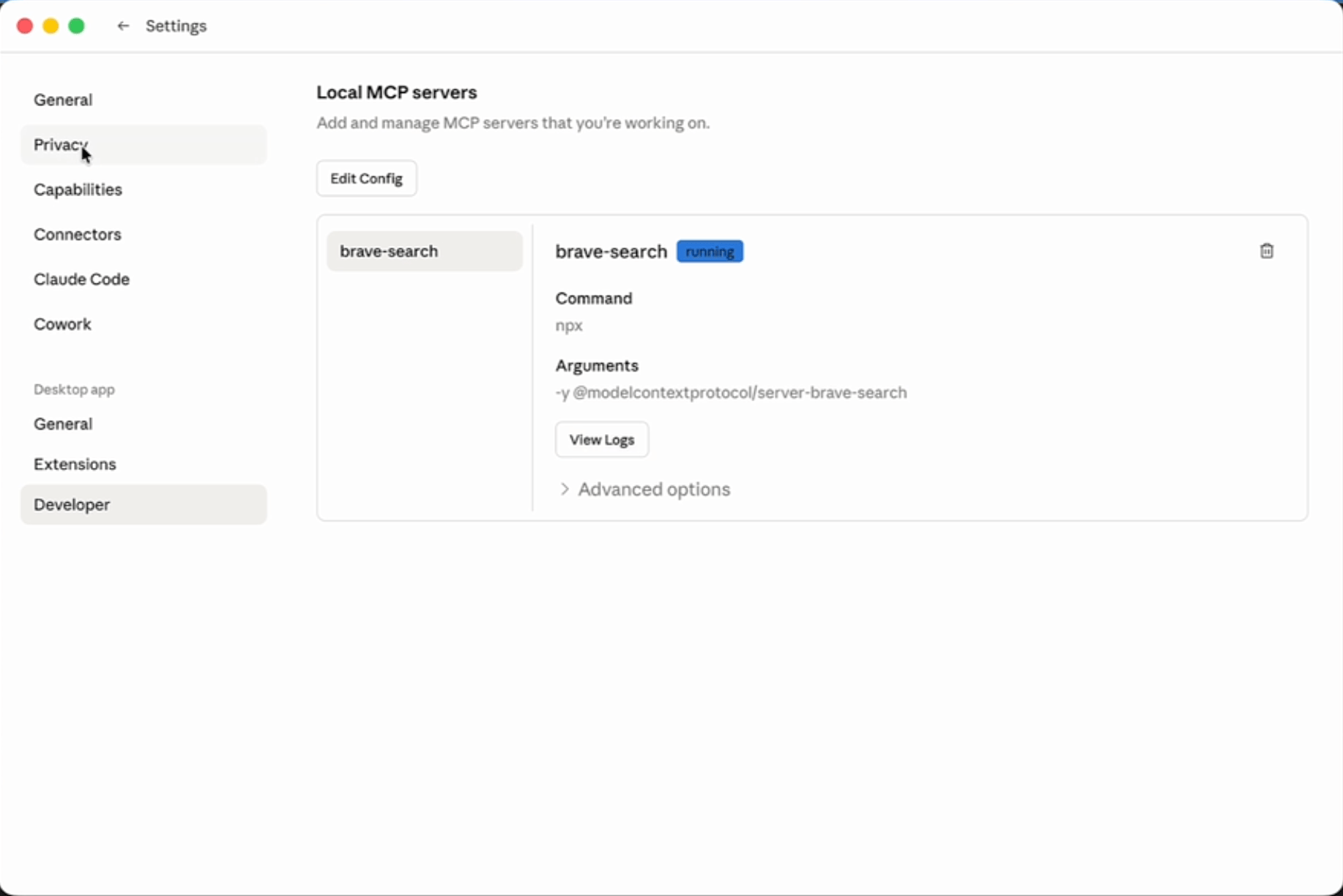 Screenshot of local MCP Servers showing brave-search with running status