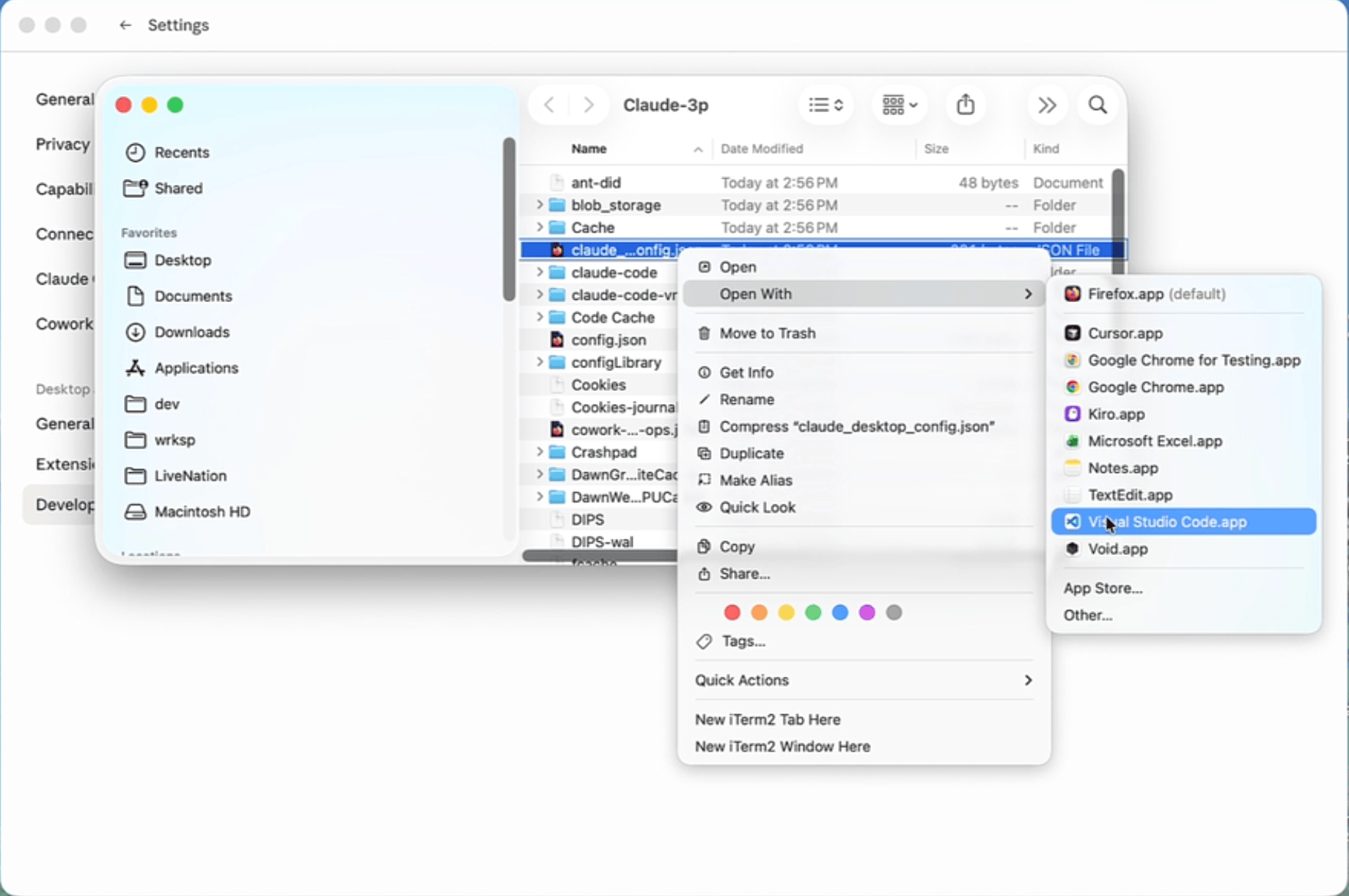 Screenshot of a Finder window showing claude_desktop_config.json