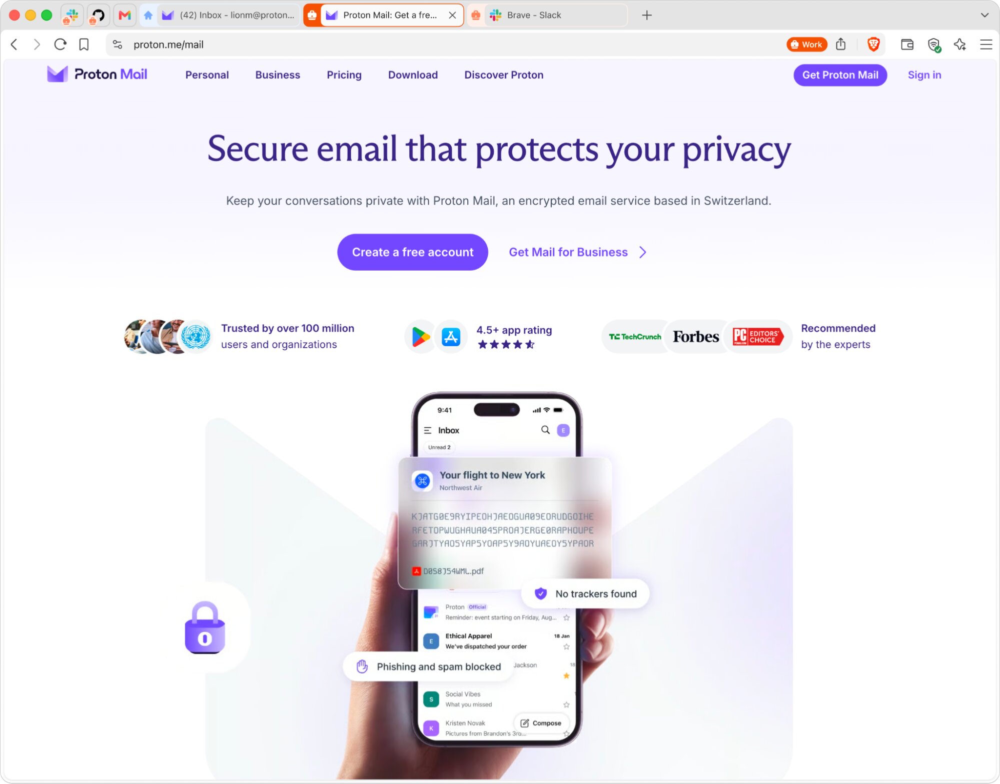Brave tab bar showing two instances of Proton Mail, and a Slack tab in separate Containers, with the active Proton Mail tab in the Work container.