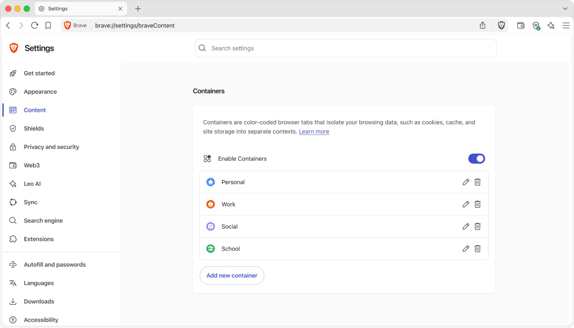 Brave Content settings with Enable Containers turned on, listing default containers: Personal, Work, Social, and School.