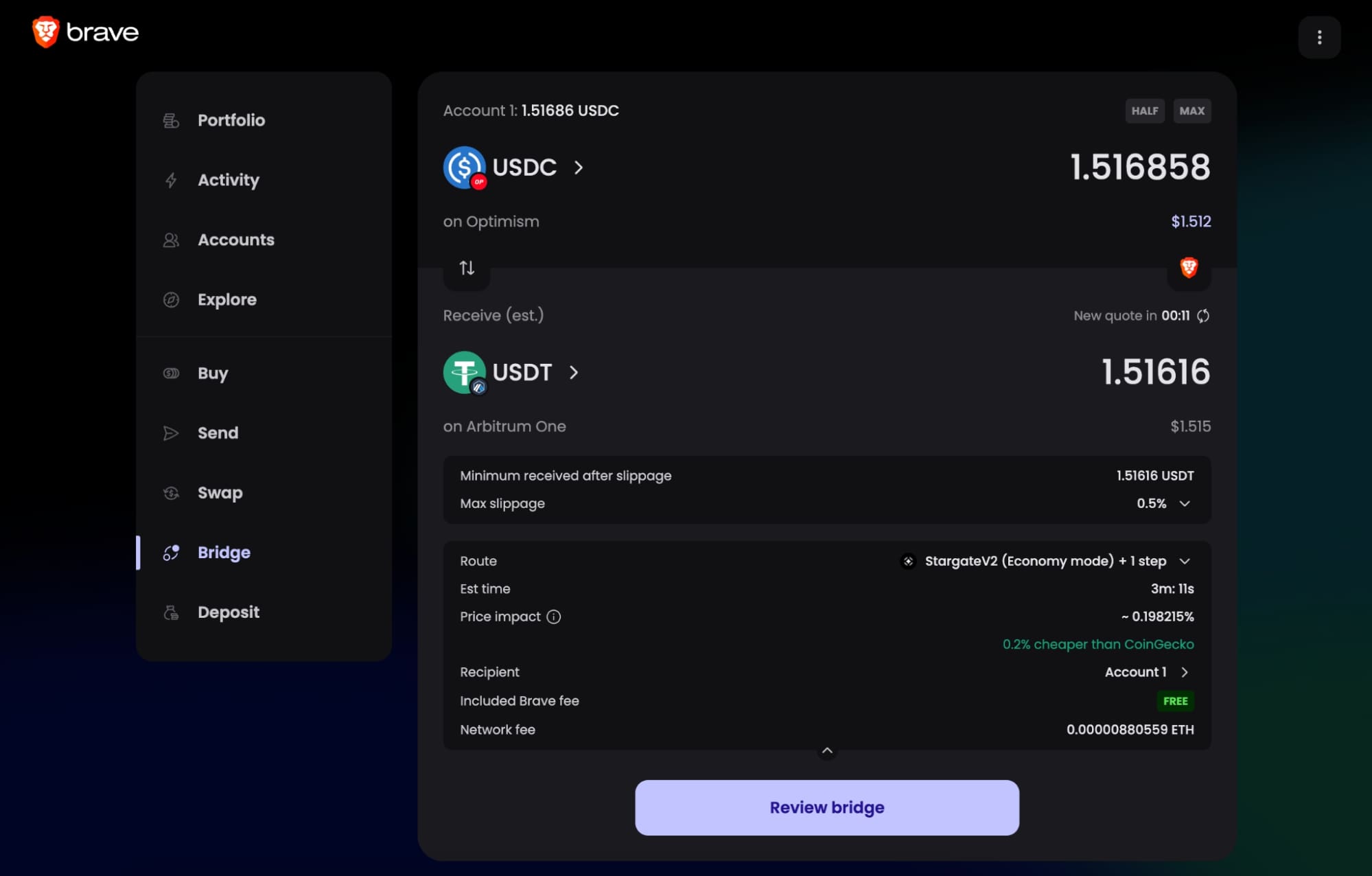 A preview of the native bridging support in Brave Wallet