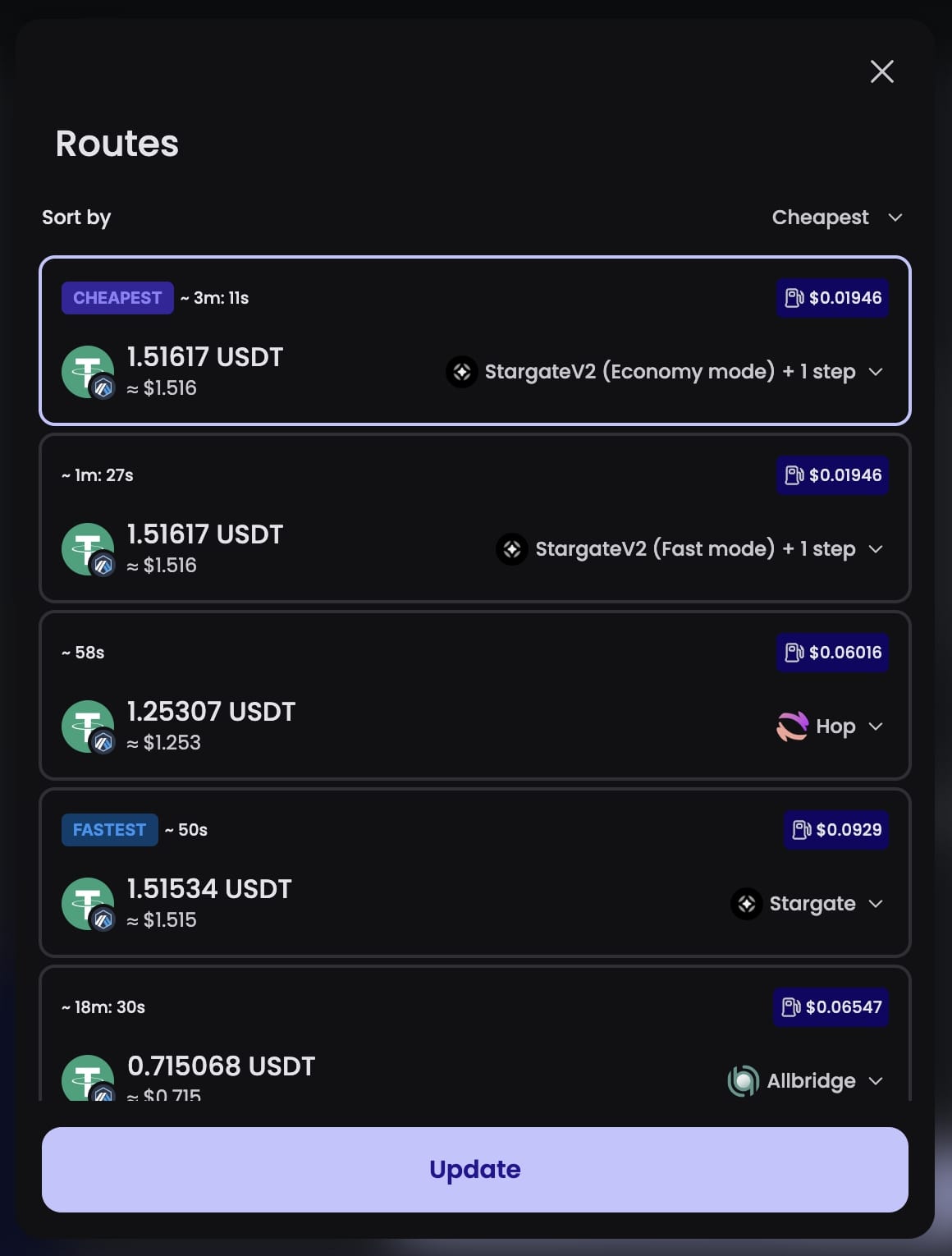 Brave Wallet, showing available routes, cheapest selected