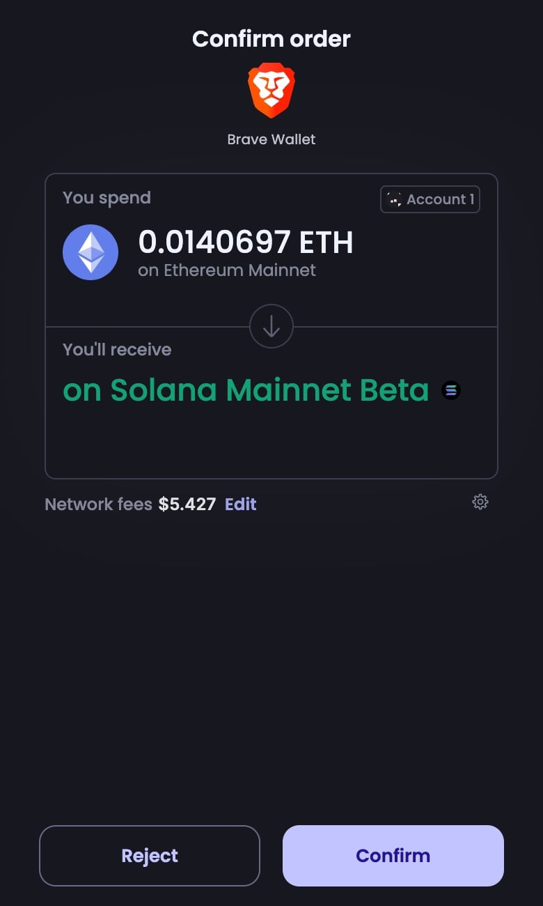 Brave Wallet, showing the 'Confirm Order' view
