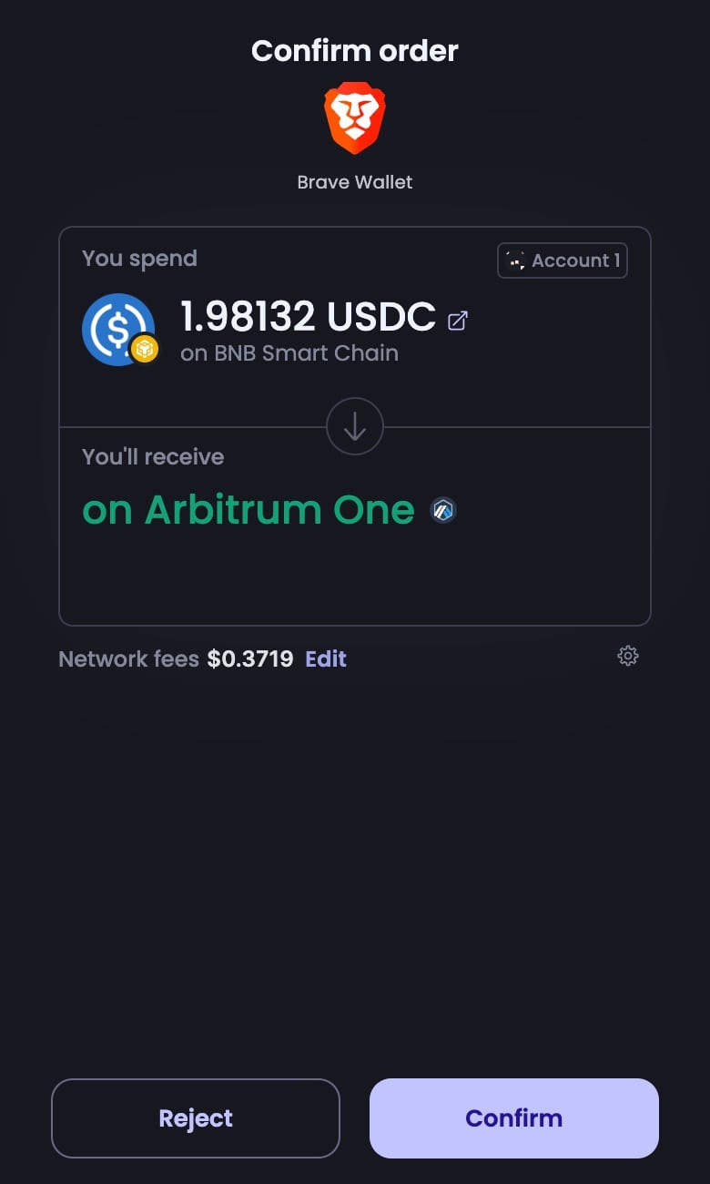 Brave Wallet, showing the 'Confirm Order' view