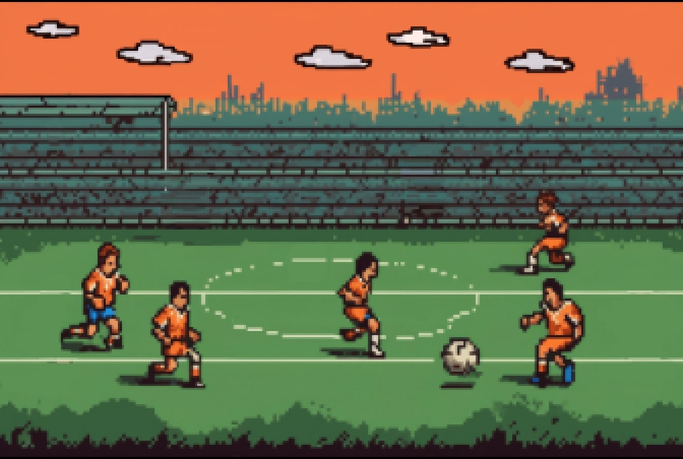 A videogame-style image of soccer players on a field