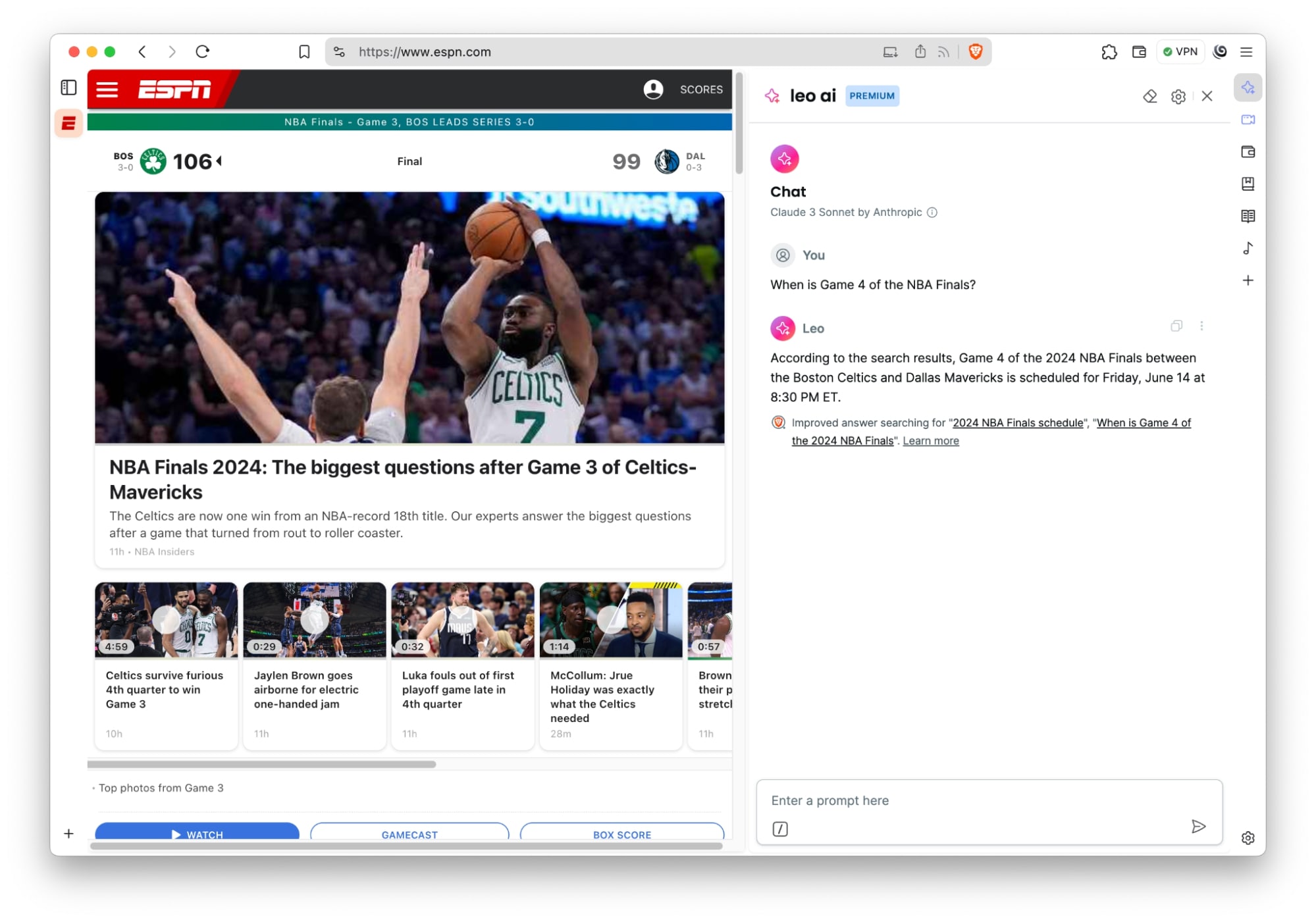 「NBAファイナルの第4戦はいつ？」というLeoに対する質問