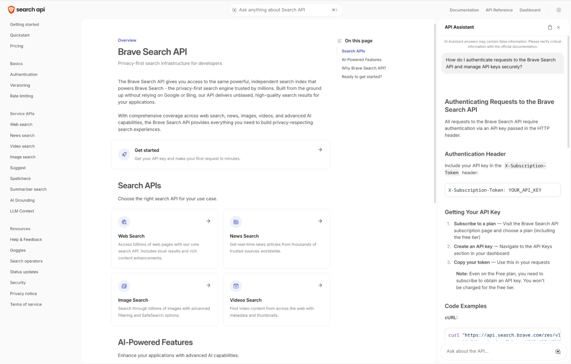 Screenshot of the integrated AI Assistant in the Brave Search API portal