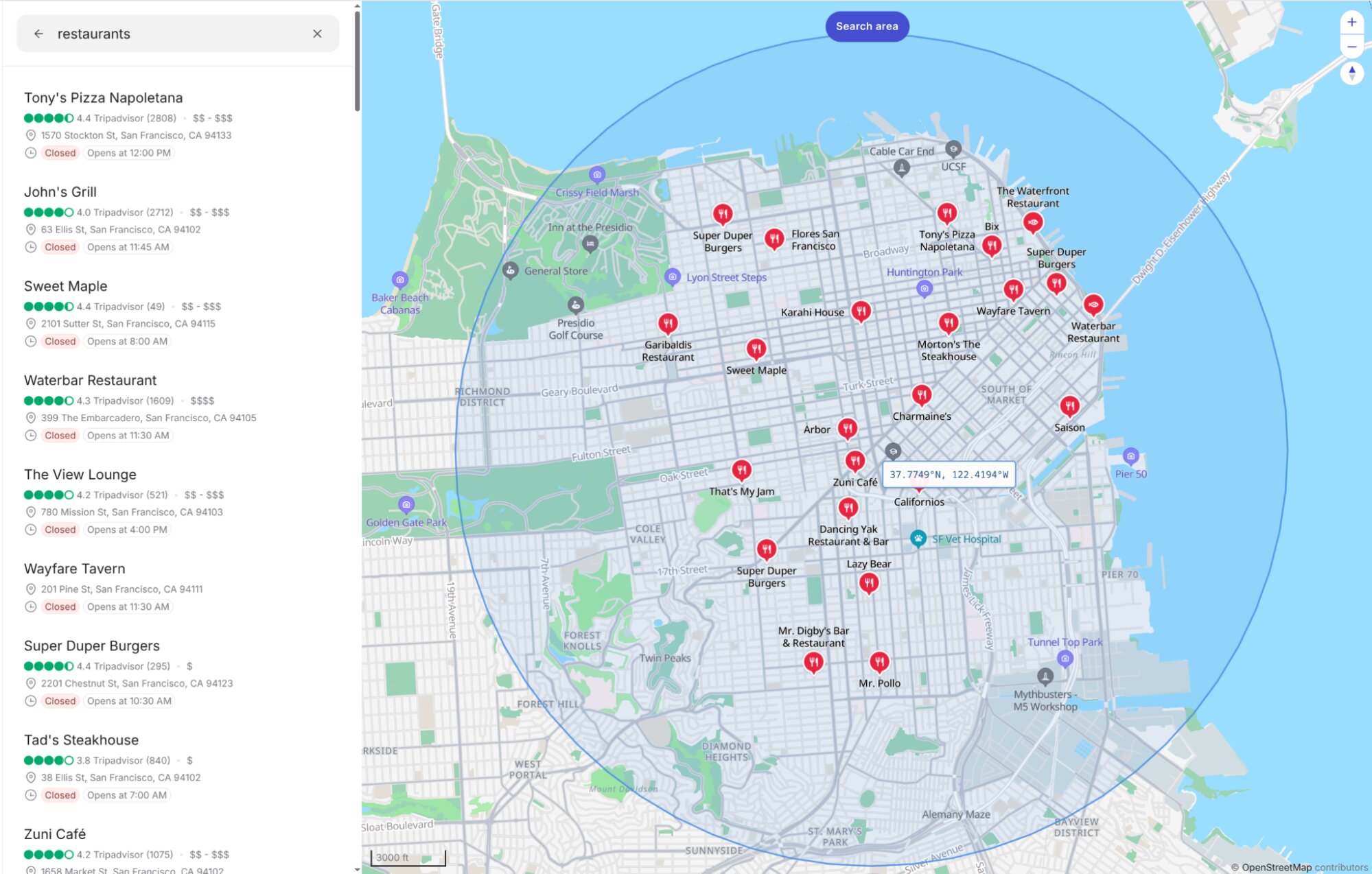 A screenshot of 'search area' in Brave, powered by Place Search