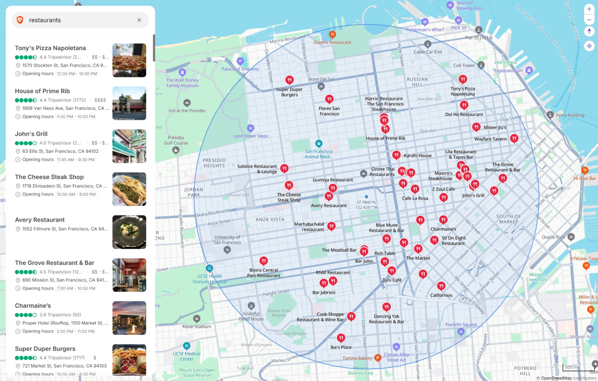 One Place Search response, four surfaces: a &ldquo;near me&rdquo; list, a travel guide, a map view, and structured context for an AI assistant.