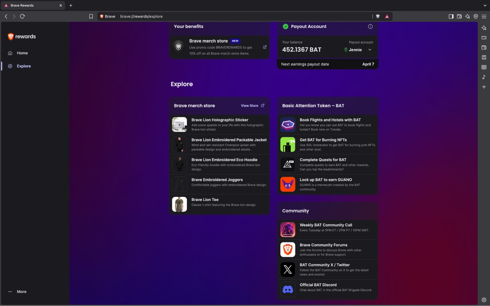 Brave Rewards "explore" tab and Offer Wall in Nightly v1.78 (expanded view)