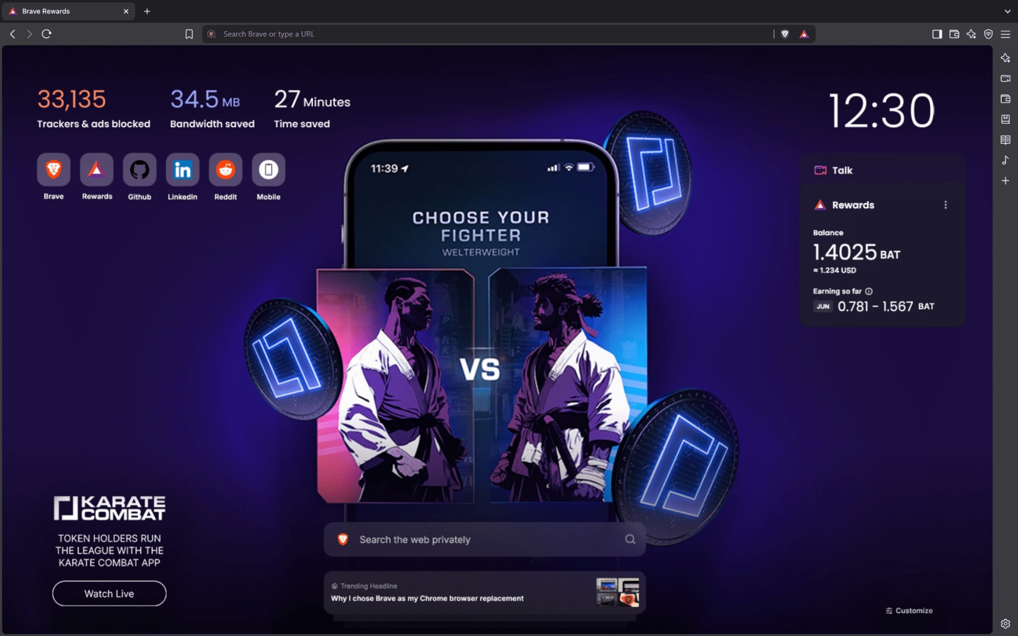 Karate Combat-sponsored Brave New Tab Takeover