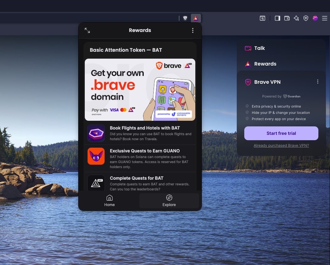 The Brave browser Rewards panel expanded, showing a banner image