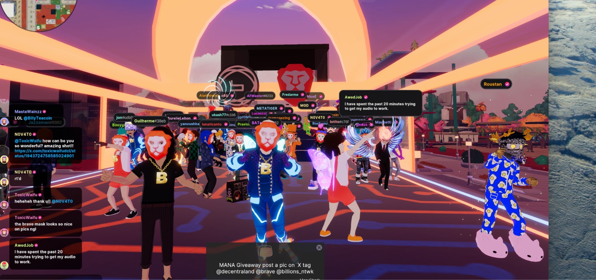 A wide view of the Decentraland app, showing numerous players